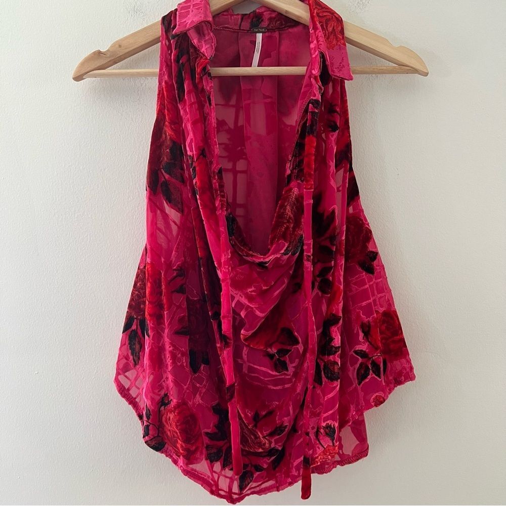 Free People Burnout Velvet Blouse Pink Cowl Roses Size XS Romantic Valentines